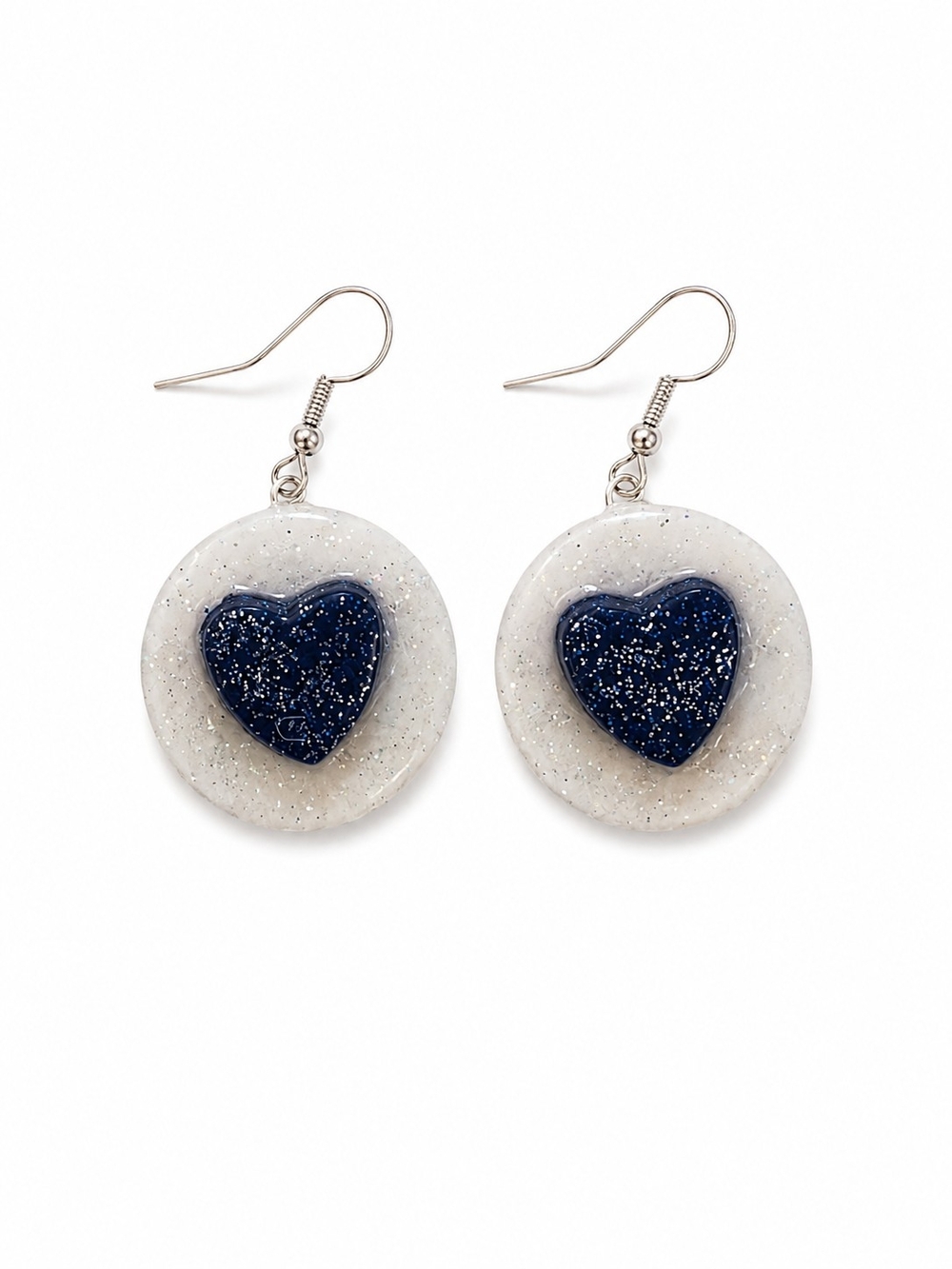Patsy Creations Handmade Clay Heart Drop Earrings with Navy Glitter Hearts